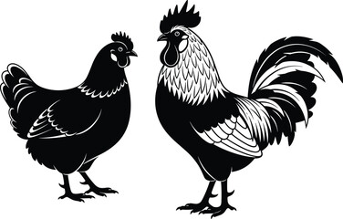 WebBlack and white vector illustration of a rooster and hen, stylized poultry farm animals silhouette isolated on white background, 2026 organic agriculture farm art. © Md