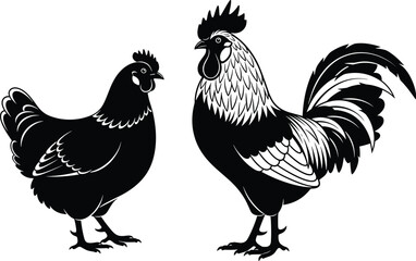 WebBlack and white vector illustration of a rooster and hen, stylized poultry farm animals silhouette isolated on white background, 2026 farm life art. © Md
