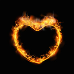 An empty heart-shaped frame with a burning orange flame, smoke, and glow effect.