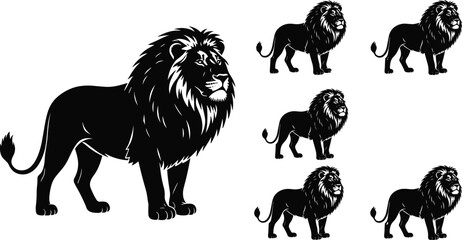 WebMajestic male lion silhouette set with impressive mane in hand drawn engraving style vector illustration isolated on white background for safari wildlife nature decor and power branding © Md