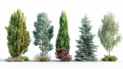 Fototapeta premium Collection of Five Diverse Trees and Shrubs Isolated on White Background