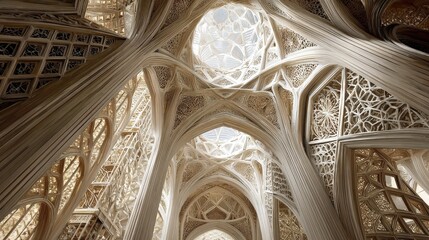 Obraz premium Intricate Gothic architectural interior with ornate vaulted ceilings and windows
