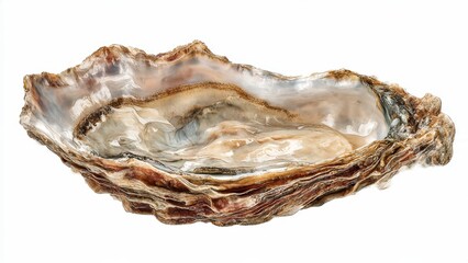 Close-up view of a fresh, raw oyster with its shell open, revealing the succulent meat inside. Isolated on a white background.