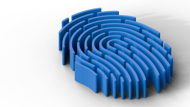 Blue fingerprint maze on a isolated background. Investigation, search access concept. 3D illustration. Fingerprint concept. Business and human resources concept.