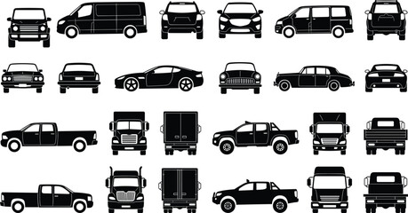 Vehicle Silhouettes Collection Featuring Cars SUVs Vans Trucks and Pickups in Multiple Views Vector Illustration Isolated on Light Background © Tasnim