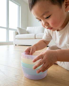Toddler stacking colorful plastic bowls while playing indoors  