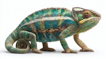 Obraz premium Detailed close-up of a vibrant chameleon with striking green, blue, and yellow scales, showcasing its unique skin texture and coiled tail on a pure white background.