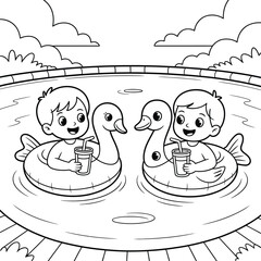Two happy children playing with ducks in a kiddie pool on a sunny day