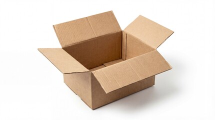 Open empty brown corrugated cardboard shipping box on white background