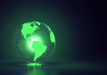 Glowing green digital Earth globe on dark reflective surface