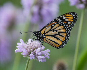 Obraz premium Vibrant monarch butterfly resting on purple flower in garden