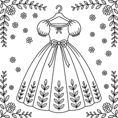 Black and white line drawing of a dress on a hanger with floral patterns