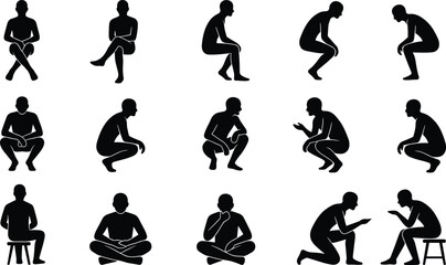 Human Silhouettes Set in Sitting Squatting and Kneeling Poses Vector Illustration Collection Isolated on Light Background