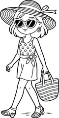 Cartoon girl walking in summer clothes and accessories with bag