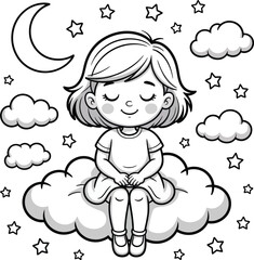 A smiling cartoon girl sitting on a cloud under the crescent moon and stars