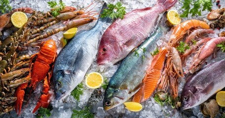 The Fresh Seafood Platter on Ice with Whole Fish, Prawns and Lobster Garnished with Lemon