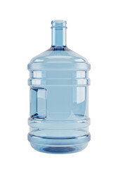 An empty five-gallon water cooler jug made of transparent blue plastic, isolated on a white studio background. Photorealistic 3d render. Concept of clean hydration