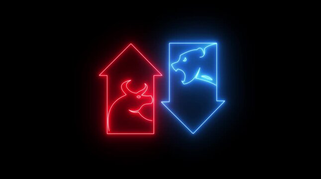 Growing stock market. Bullish and Bearish market trading up and down trend of graph. t. Animation of bull and bear icon with arrow isolated on transparent background.