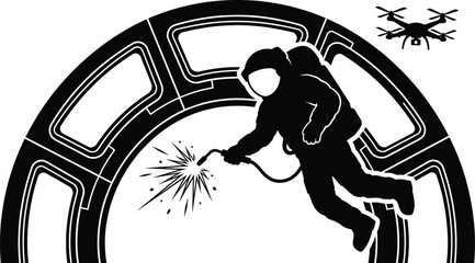 Silhouette illustration of astronaut welding in outer space near a circular station structure with flying drone isolated on white background for science fiction © Creative Vector
