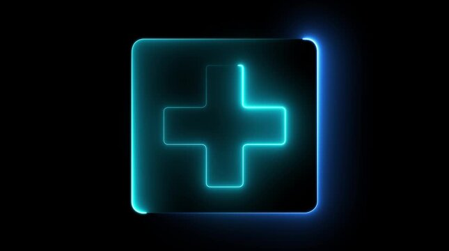 Neon glowing plus symbol icon simple positive plus icon animation with square, rectangle icon on black background. Glowing Business counting add motion.