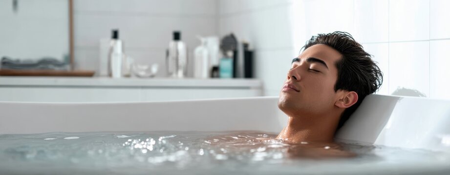 The man in a bathtub enjoying a peaceful luxury bath at home