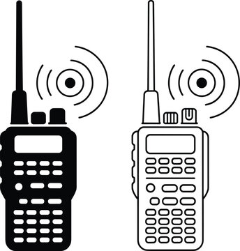 Two way radio walkie talkie icons in solid and outline styles, wireless communication device symbols, emergency service, security, industrial vector illustration