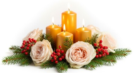 Fototapeta premium Golden candles, roses, fir branches, and berries on white background