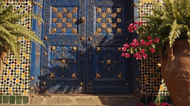 Exotic Blue Doorway Welcomes with Lush Plants and Colorful Flowers.