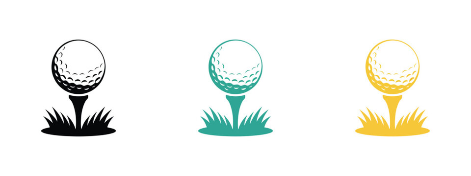 Golf Ball Icon ball on tee vector illustration, grass background, multiple color variations, minimal sports design