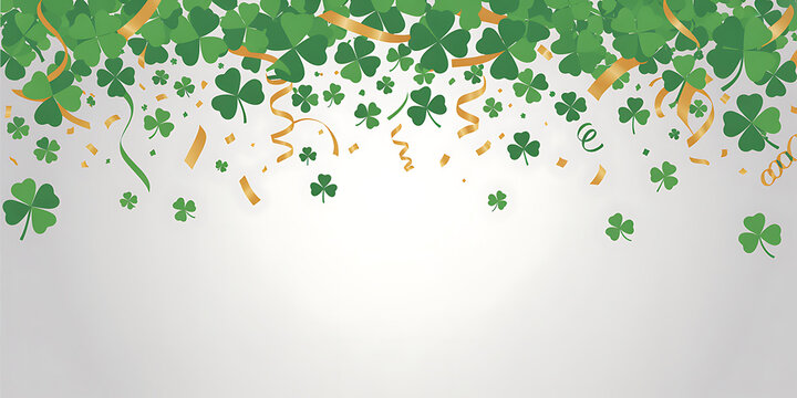 St. Patrick's Day celebration with falling shamrocks, confetti, and gold ribbons on a light background, ideal for festive Irish holiday designs