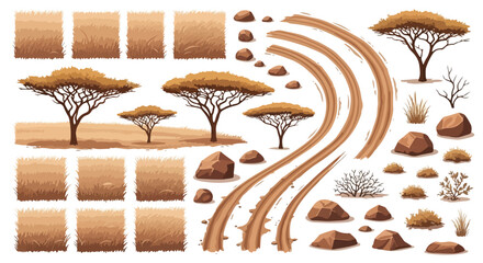 Vector safari landscape builder kit with acacia trees, sandy ground textures, dirt roads, and various brown rocks, isolated on transparent background. © sweet.love.com