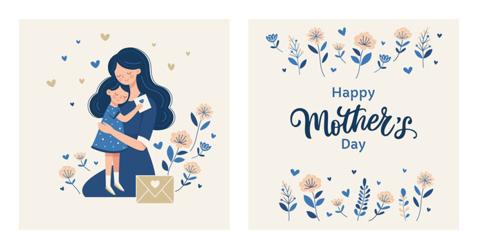 Mother hugs her daughter. Sweet illustration for Mother's Day. 
Cute hand drawn vector for card, poster or background.