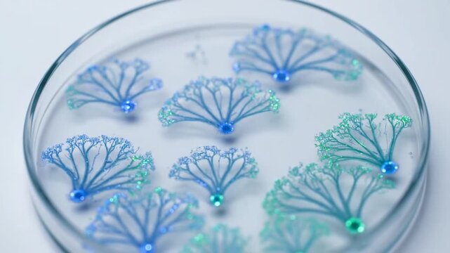 A microscopic view of blue and green nanostructures in a petri dish, showcasing intricate designs and scientific experimentation