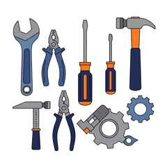 Collection of various hand tools and mechanical components including wrenches pliers screwdrivers hammers gears and a drill bit for construction or repair tasks