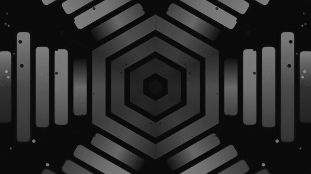 Geometric patterns forming a symmetrical abstract design with hexagons and rectangles in a dark environment viewed from the front