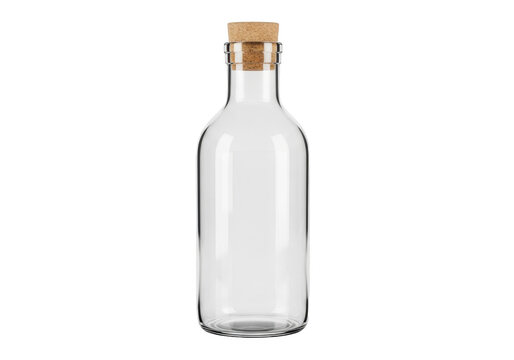 Clear glass bottle with cork stopper on white background isolated on transparent background
