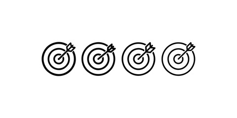 Four different line art illustrations of archery targets with arrows hitting bullseye representing precision accuracy and achieving goals