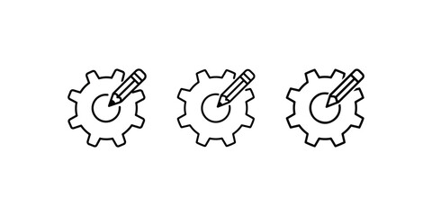 Fototapeta premium Three different sized gear icons incorporating a writing pencil editing mechanism function adjustment or customization workflow concept