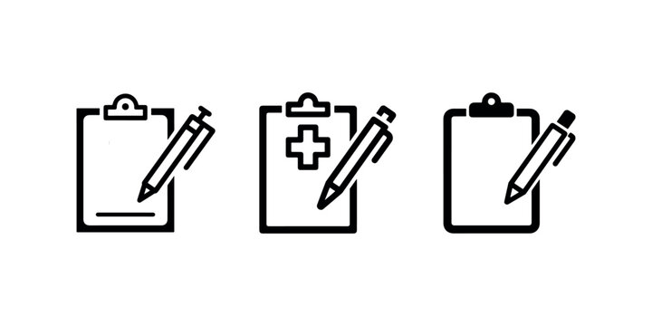 Collection of clipboard and pen icons representing medical record keeping patient history and document signing