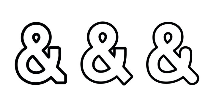 Variations of ampersand symbol designs in outline style representing connection partnership and typography element