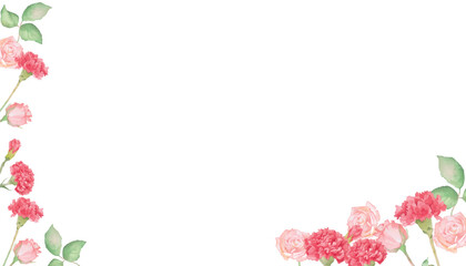 カーネーションとバラの水彩ボタニカルフレーム