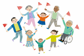 Obraz premium A diverse group of people joyfully waving small red flags together
