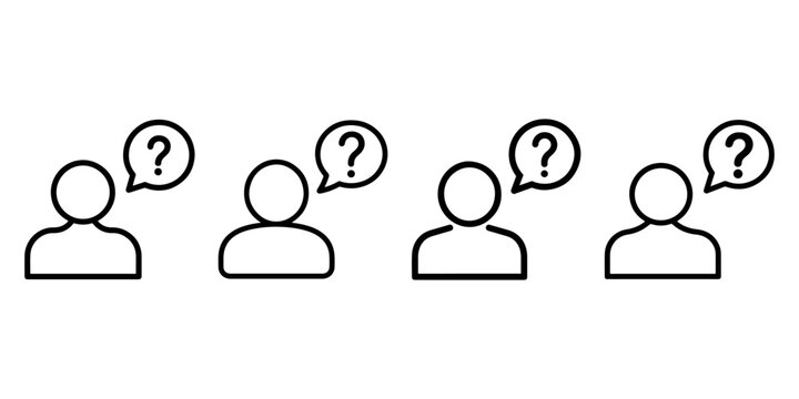 Question mark icon vector, user ask icon, outline style with question mark over head of person isolated on white background