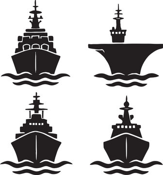 Silhouette of a war ships , different poses and styles , front of view , clear angels, clear body and cuts set in black and white silhouette vector with transparent background 