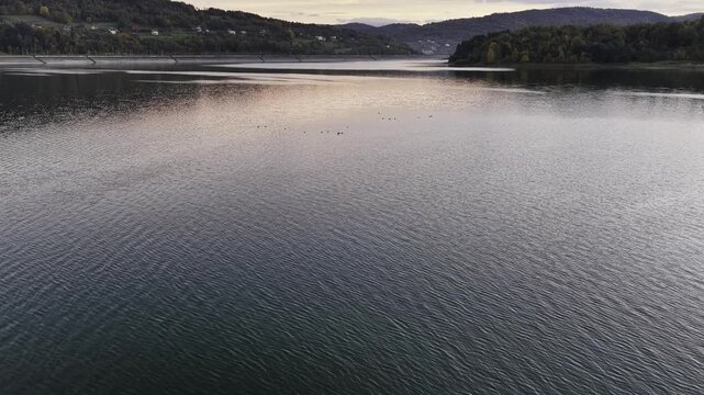 Aerial view of a lake during sunset.
