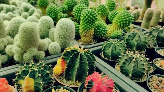 A variety of cacti in pots, a collection of unique succulent plants in different shapes and colors