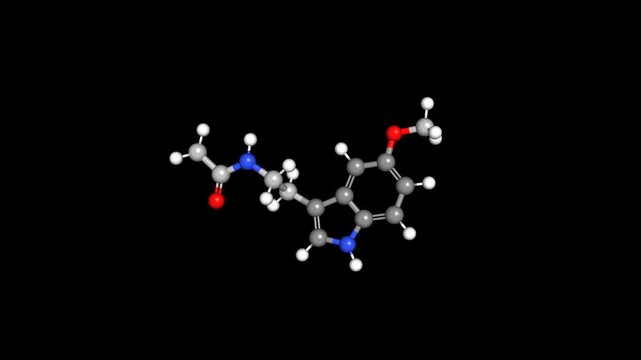 Melatonin Molecule Chemical Structure 3D Render Seamless Loop 4K Alpha Channel Transparent Background Hormone for Sleep Circadian Rhythm Insomnia Dreaming and Night Rest Medical Science Animation