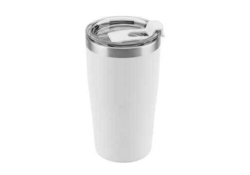 White insulated tumbler with clear lid and straw isolated on transparent background