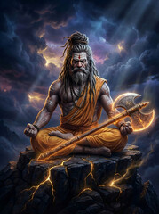 Obraz premium Meditating Lord Parashurama on Mountain – Spiritual Hindu Sage Artwork