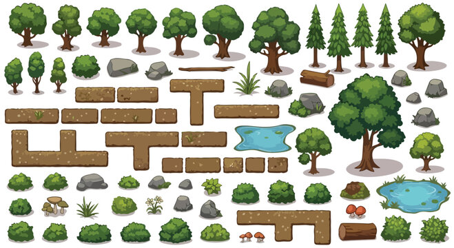 Pixel art vector game assets featuring various green trees, bushes, rocks, logs, and dirt ground tiles isolated on a transparent background.